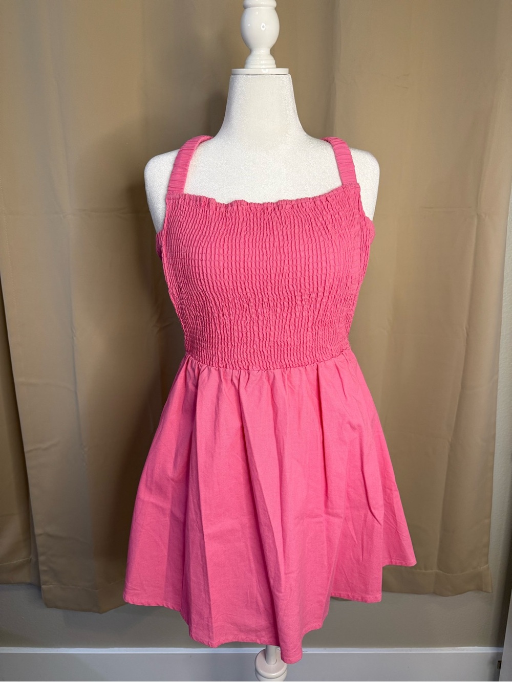 Pink Smocked Sundress with Cross Back Straps Open Back